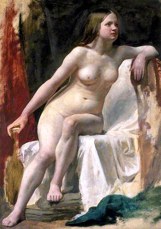 一位女性裸体模特坐在白色窗帘上的生活习作