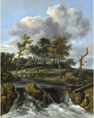 A River Landscape with a Man crossing a Bridge above a Waterfall