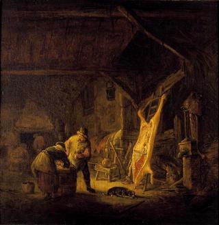 A Barn Interior with Peasants Standing before a Hog Carcass