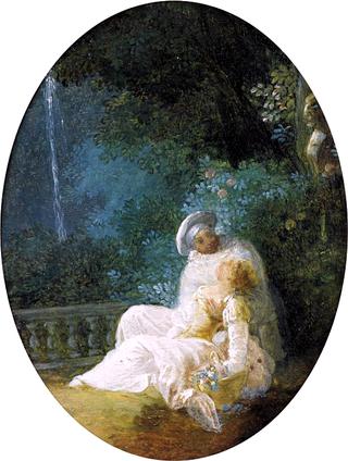 A Young Woman with Harlequin in a Lush Park