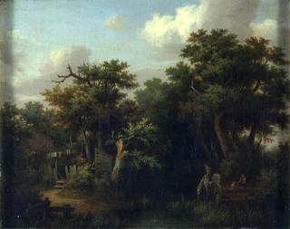 Landscape: Cottage by a Brook with a Boy on a White Horse which is Drinking