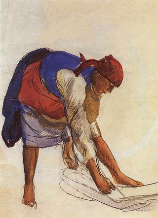 Peasant Woman Spreading out Canvas