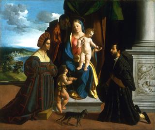 圣洁的家庭，和年轻的施洗圣约翰，一只猫和两个捐赠者