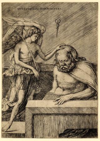 The guardian angel, standing, placing his hand on the head of a sleeping man