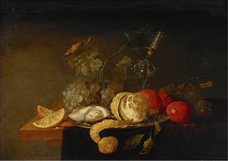 Still Life with a Peeled Lemon, Orange Slices, an Oyster, Plums, etc.