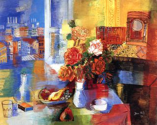 Plate of Fruit and Bouquet of Roses in the Studio