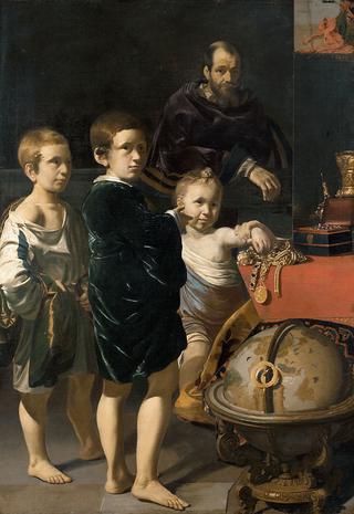 三个孩子和一个男人的画像