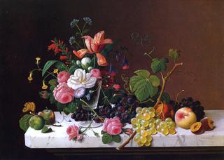 Fruit and Flowers on a Marble Table Ledge