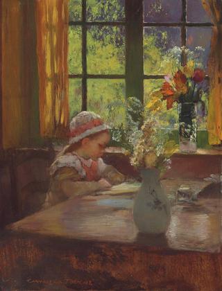 A young girl with bonnet reading by a window