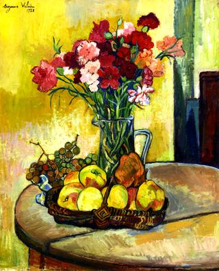 Still LIfe with Basket of Apples, Vase of Flowers and Grapes
