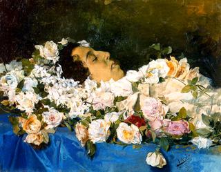 Mujer muerta rodeada de flores