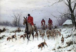 猎人和猎犬在雪地里回家