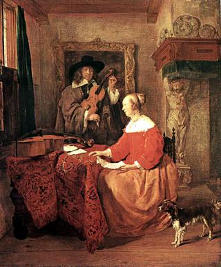 A Man Tuning a Violin and a Woman with a Score