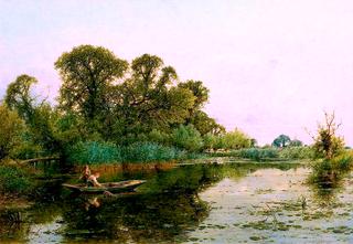 河里的男人们坐着小船的场景