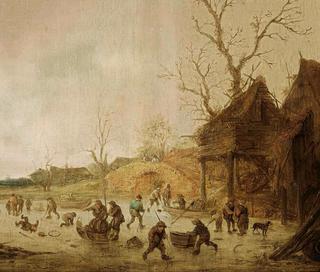 A Winter Landscape with Skaters, Children Playing Kolf