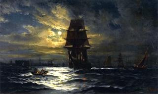 Ships in New York Harbor at Night
