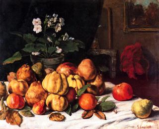 静物：桌子上的苹果、梨和樱草花