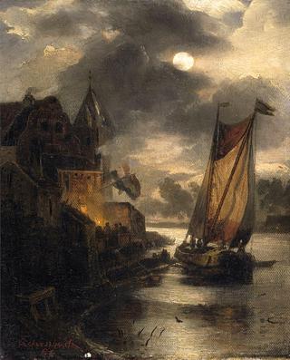 A Night of full Moon over a Town at a River