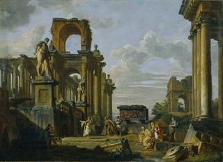 An Architectural Capriccio of the Roman Forum with Philosophers and Soldiers among Ancient Ruins