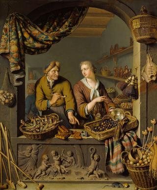 一位老人和一位女孩在蔬菜和鱼摊上