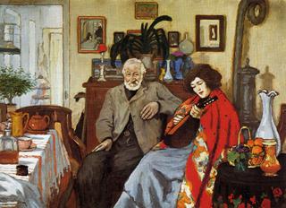 The old man and a woman playing the mandolin