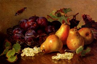 Still Life With Pears, Plums In A Glass Bowl And White Currants On A Table