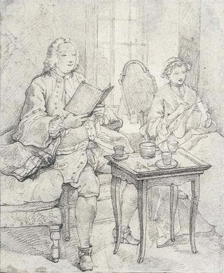 A Seated Gentleman Reading and a Seated Lady Embroidering in an Elegant Interior