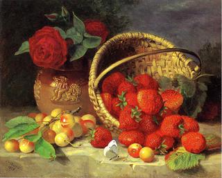 A Basket of Strawberries, Cherries, a Butterfly and Red Roses in a Vase on a Stone Ledge