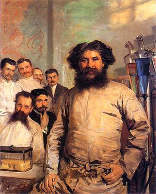 Portrait of Ludwik Rydygier with his assistants