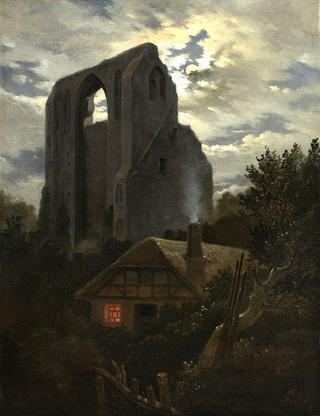 埃尔德纳修道院的废墟，在月光下，格里夫斯瓦尔德附近有一座小屋