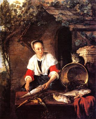 A Woman Cleaning Fish, with a Cat
