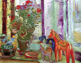Window with Wooden Horse and Flowers