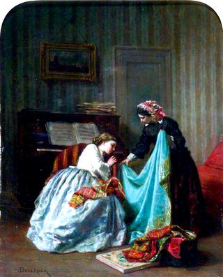 Interior with Two Women Examining Cloth
