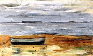 Beach with Gray Boat and Gray Sea