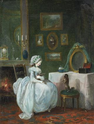 A Lady at her Dressing Table with a Dog
