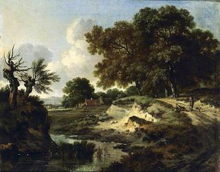 A Wooded Landscape with a house in the Background and a Figure