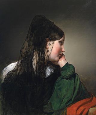 Girl in profile with a black mantilla