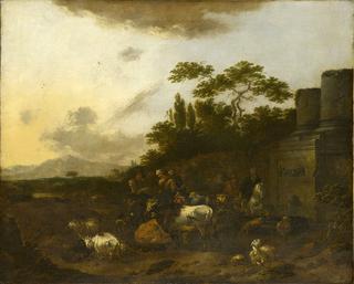 Landscape with Figures and Cattle Drinking at a Fountain