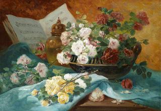 Still life with roses, vase and music book