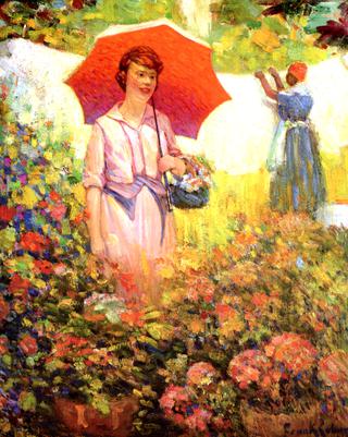 Pink Lady With Parasol in Flower Garden
