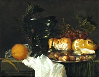 Still Life with a Roemer, a Peeled Lemon, Bread, an Oyster, etc.