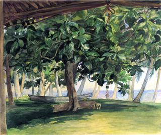 从小屋看，乌波卢瓦伊拉，面包果树，战鼓和独木舟，1890年11月19日
