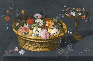Still life with a gilt tazza and a basket filled with flowers