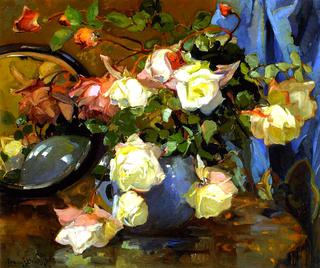 Roses in a Blue Bowl