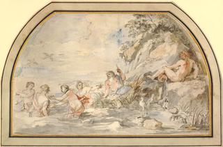 Two River Gods Observing a Group of Four Naiads Standing in Water