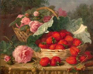 Still life of strawberries, roses, cabbage leaf and butterfly on a limestone ledge