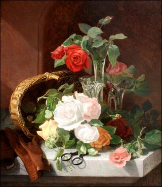 A Still Life of Flowers in a Glass Epergne on a Marble Ledge