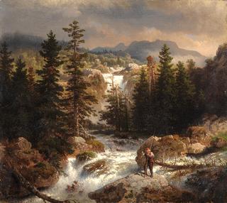 A Fisherman Inspecting his Cath near a Mountain Torrent