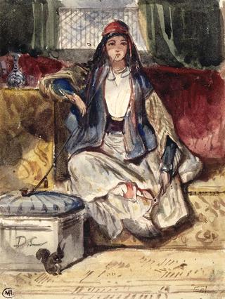 Young Oriental Woman Sitting on a Couch and Smoking, with a Squirrel
