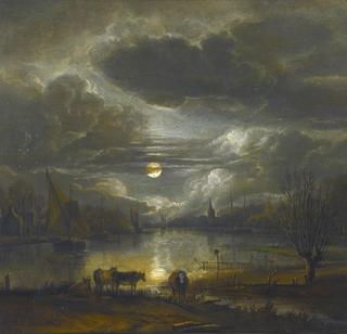 A wide river landscape by moonlight with four cows